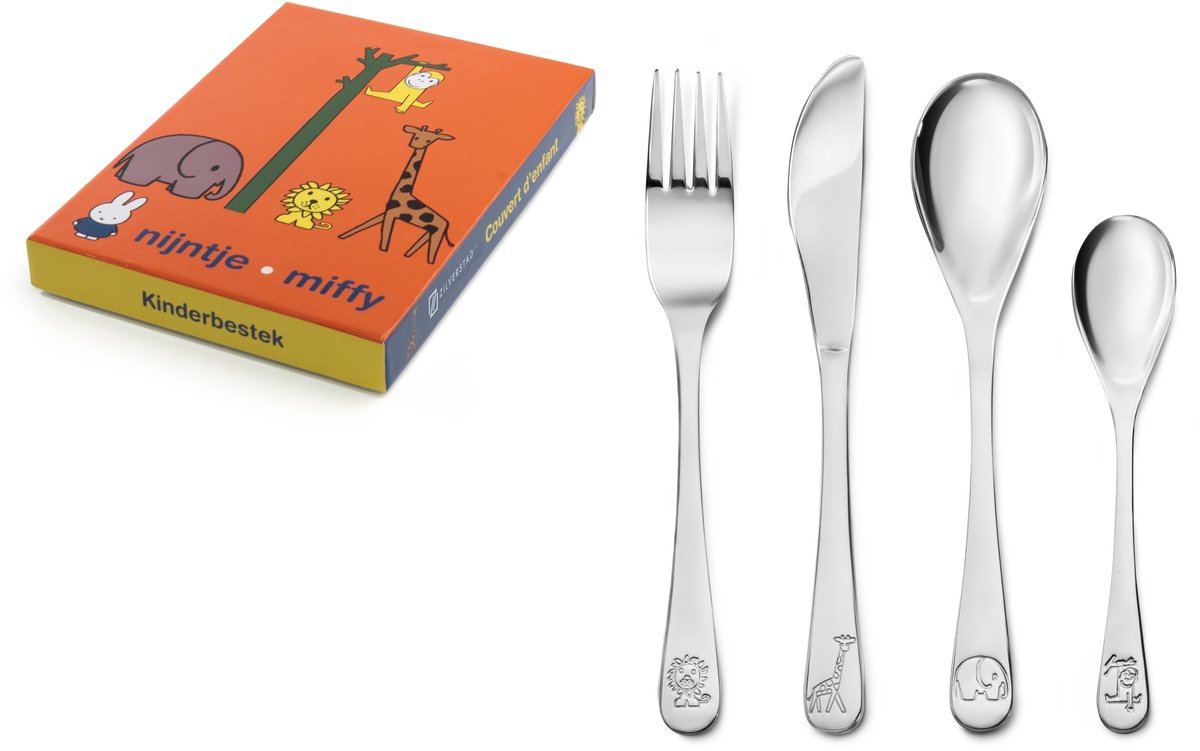 Zilverstad - kinderbestek nijntje dierentuin 4-delige set rvs 18 10