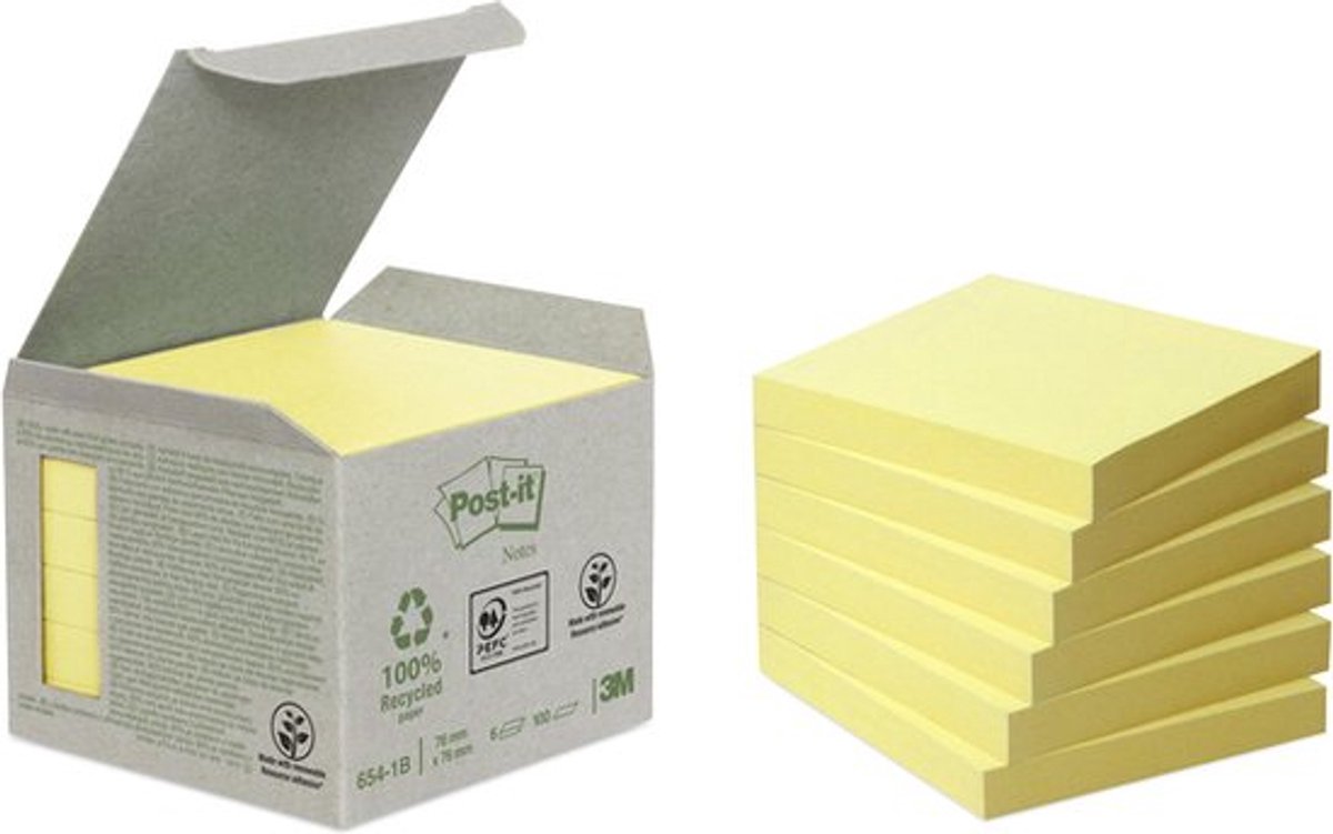 Post-it - recycled notes | 100 vel | ft 76 x 76 mm | geel | pak van 6 blokken
