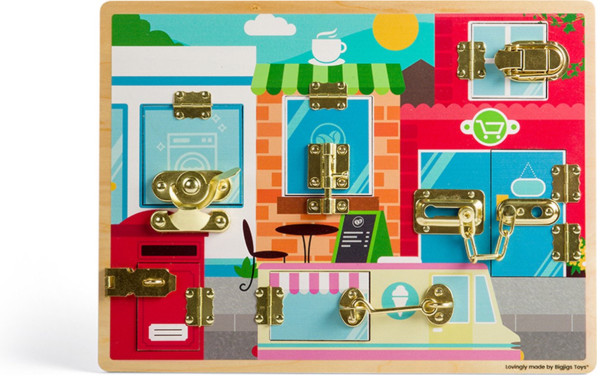 Bigjigs educatief speelgoed latches catches board motoriek.