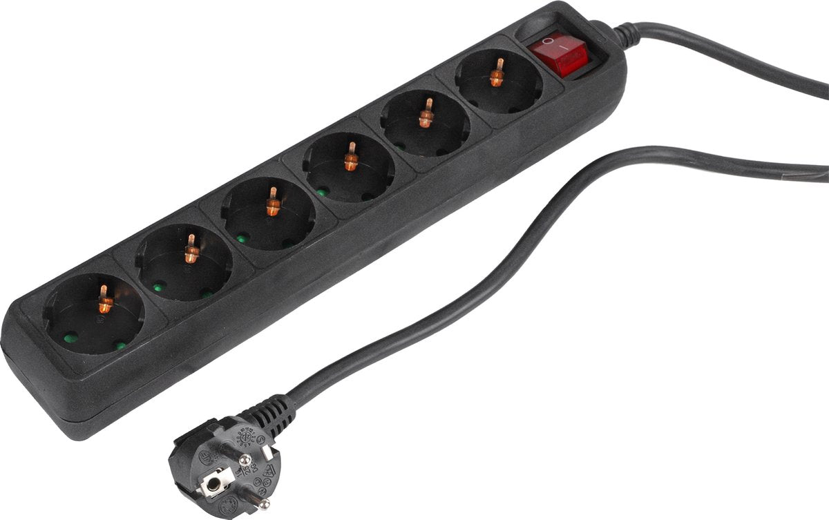 Multipresa Q-link con interruttore - Cavo prolunga a 6 vie con terra di protezione - 3 x 1,5 mm - 5 m - nero