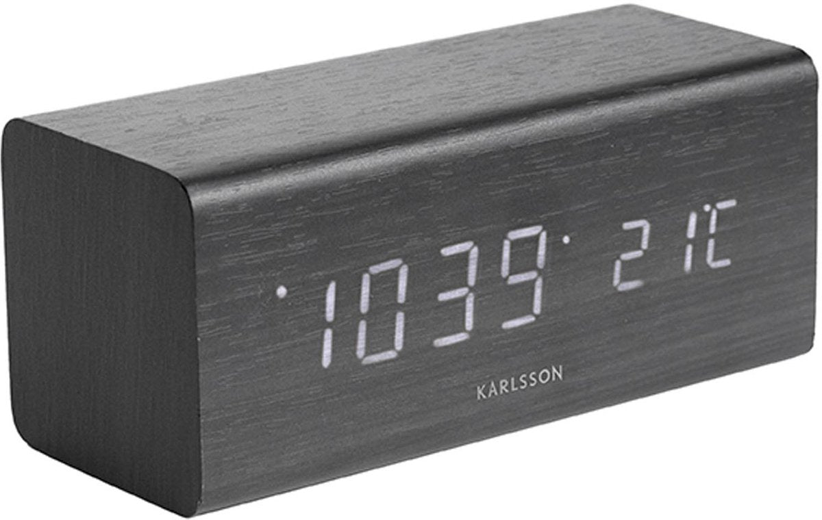 Bloque de despertador Karlsson - chapa negra, LED blanco - 16x7,2x7cm - escandinavo - despertador para dormitorio - despertadores