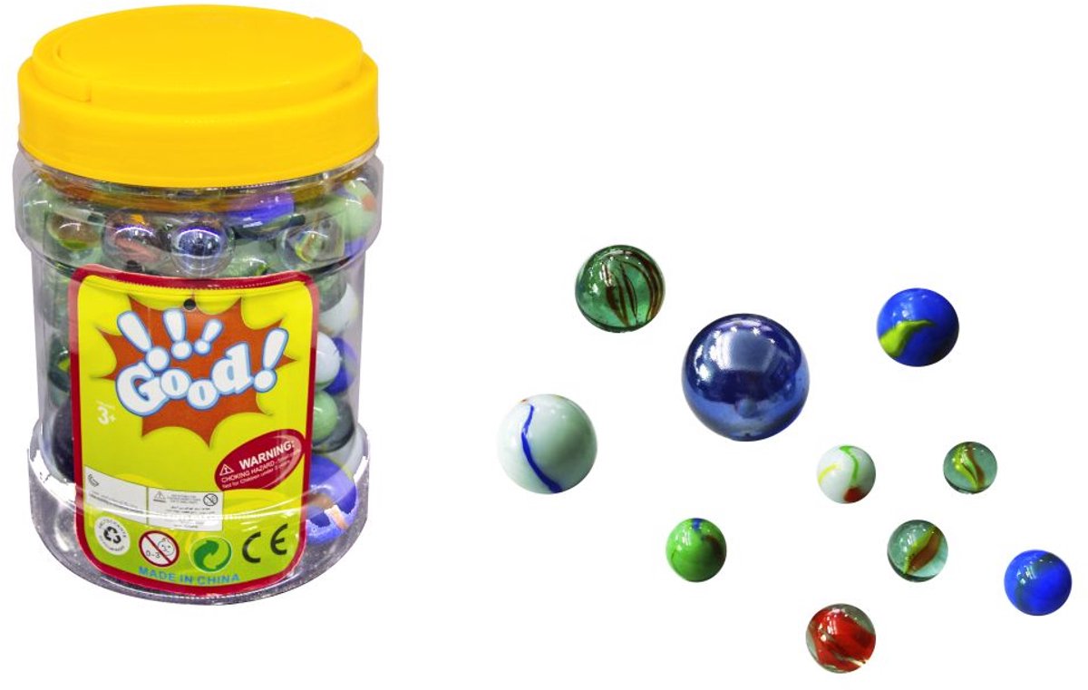 Amuuso bravo! biglie di vetro in barattolo - set di biglie di varie dimensioni e colori - compresa la sbattitura - giochi da esterno - 3+ anni
