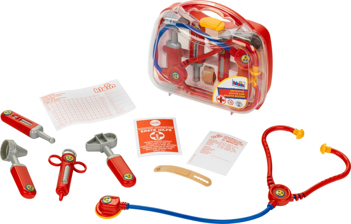 Valigetta da medico trasparente Klein Toys - incl. strumenti giocattolo - 22x8,5x19,5 cm - rosso