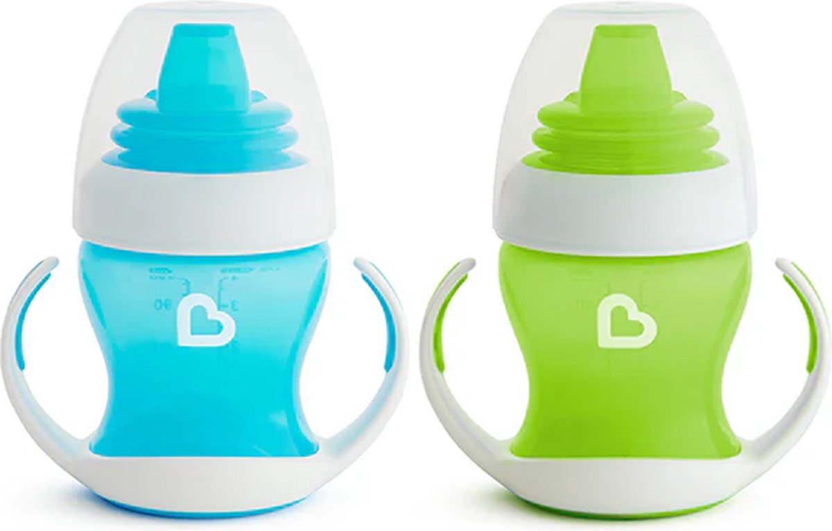 Vaso de transición Munchkin - primer vaso suave - paquete de 2 - vaso antifugas para bebés - vaso para beber - a partir de 4 meses - 118ml - azul verde