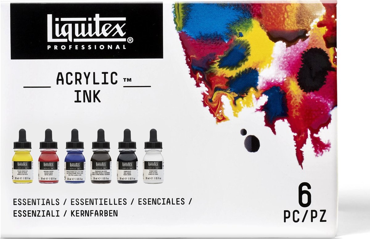 Liquitex 3699314 professional acrylic ink set – essentials 6×30 ml – hooggepigmenteerde, waterbestendige acrylinkt
