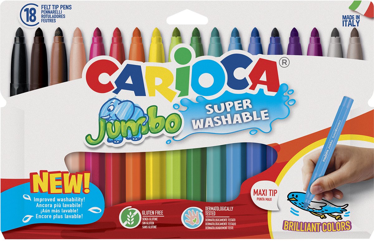 Pennarelli jumbo Carioca - 18 colori - punta maxi 6 mm - lavabili - pennarelli da colorare per bambini