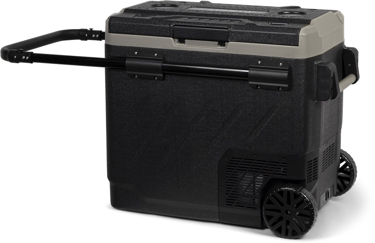 Nevera eléctrica con ruedas y compresor de rodillos de doble zona Steamy-e - doble zona - 58 litros - 12v y 230v - para coche y camping - negra