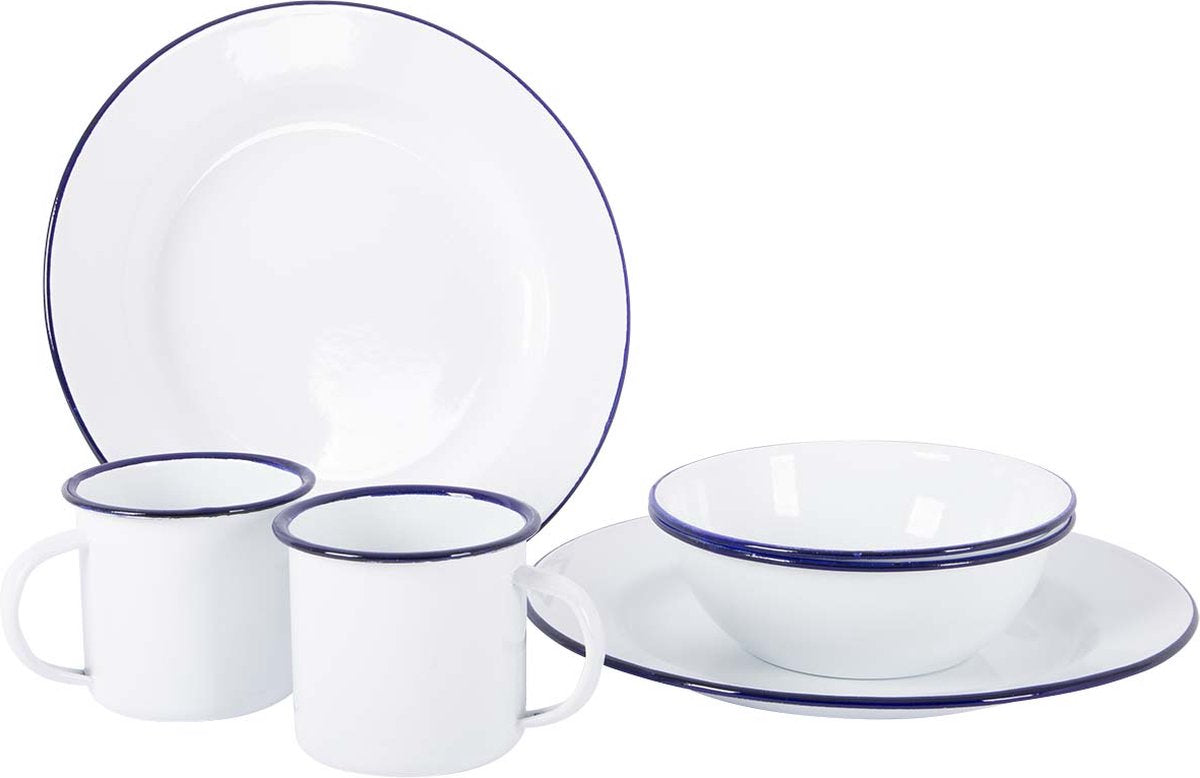 Bo-camp - servies - emaille - 6 stuks - wit blauw