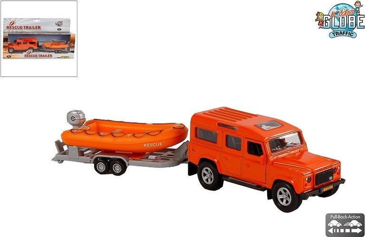 Kids Globe Die Cast Land Rover con la scialuppa di salvataggio, 27 cm