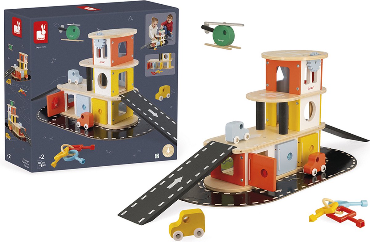 Janod - bolid - garaje de madera con caja de llaves - coches y helicóptero