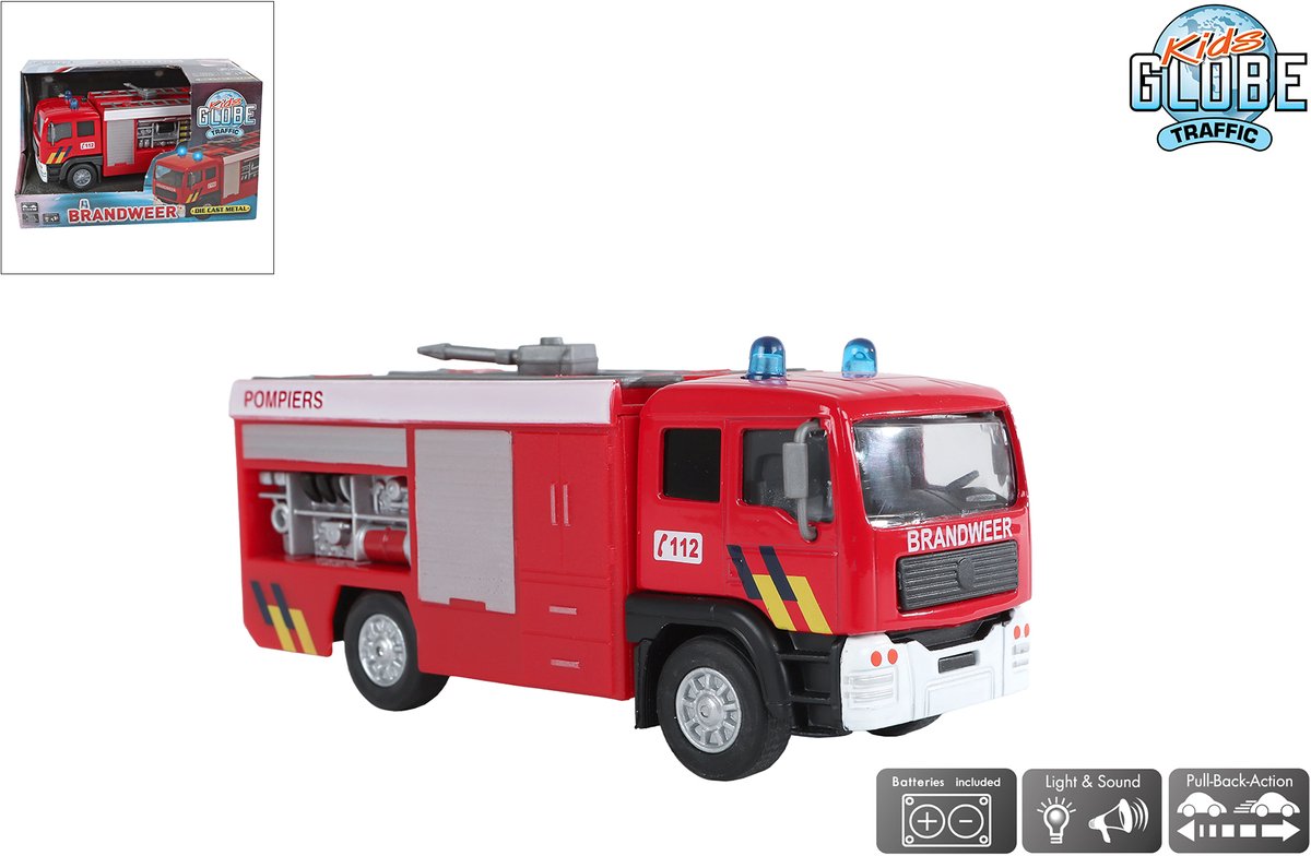 Kids globe brandweerauto tankauto metaal licht geluid 13 cm