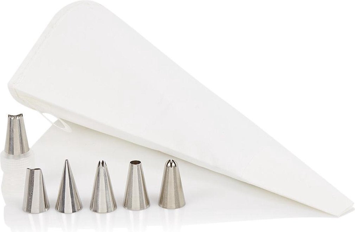 Siringa per decorazioni Westmark, set per guarnizioni con sac à poche, con pezzo intermedio e 6 beccucci, 7 pezzi, lunghezza: ca. 27 cm, acciaio inossidabile rivestito in cotone, maniglia, bianco argento, 31002260
