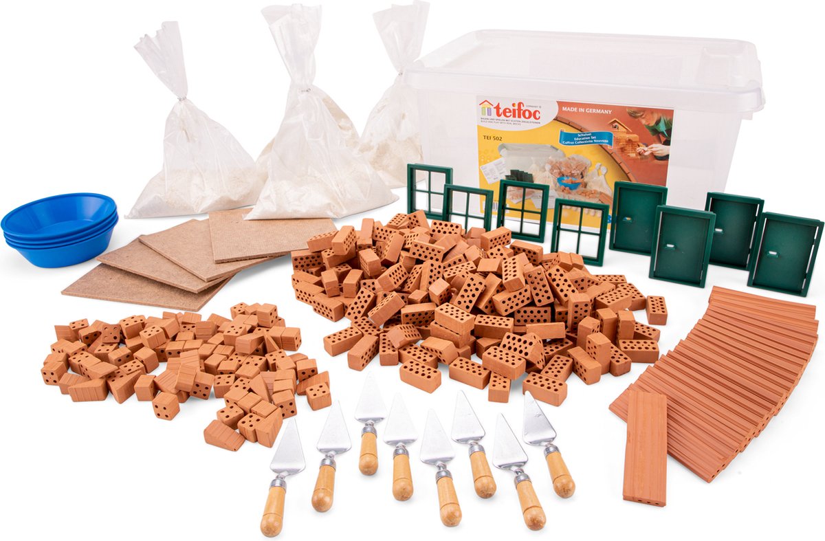 Caja de construcción Teifoc ® – Juego grupal – 320 piezas – Mini ladrillos reales con cemento, cuenco y paleta – Kit de construcción para niños a partir de 6 años