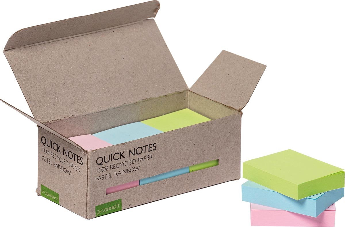 Notas rápidas Q-connect pastel reciclado | pies 38 x 51 mm | 100 hojas | caja de 12 piezas en colores surtidos