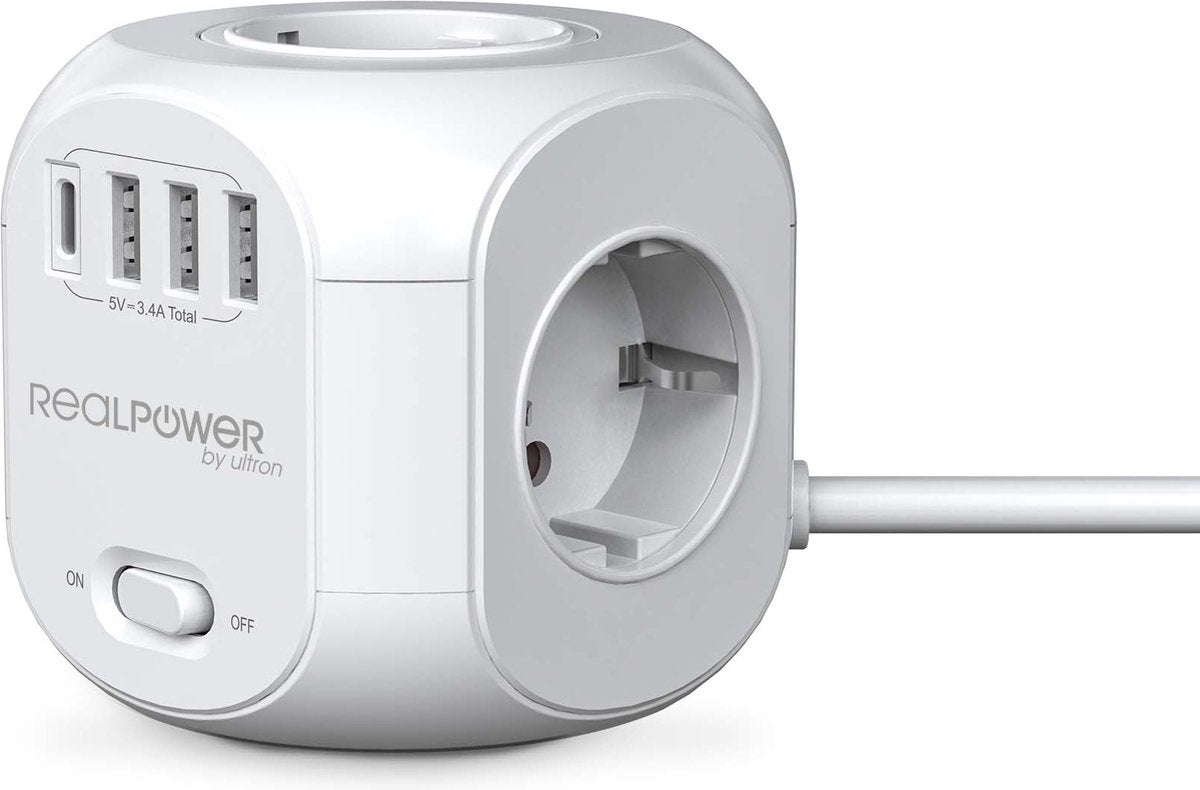 Realpower powerbox4 31 - Regleta cubo de 4 puertos - 3 x USB, 1 x USB-C - cable de 1,8 metros - blanco