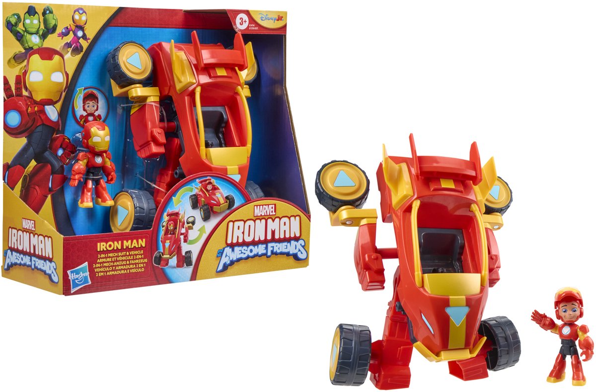 Hasbro Marvel Iron Man e i suoi fantastici amici, tuta e veicolo mech 2 in 1, action figure e veicolo giocattolo