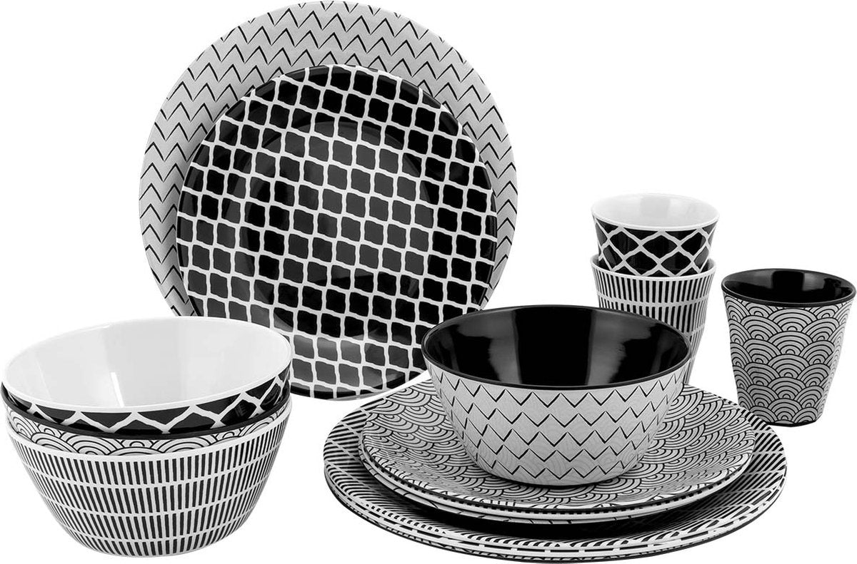Bo-camp - servies - mix match - 16 stuks - zwart wit