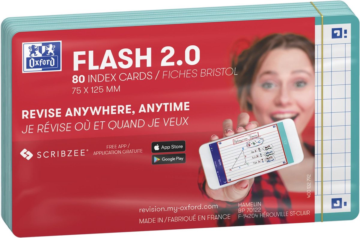 Oxford flash 2.0 - flashcard - quadretti 5mm - a7 - bordo verde menta - 80 pezzi