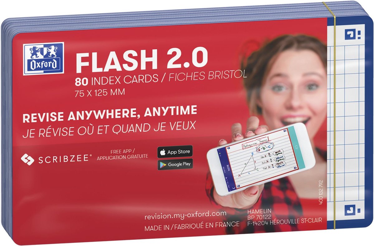 Oxford flash 2.0 - flashcard - quadretti 5 mm - a7 - bordo blu - 80 pezzi