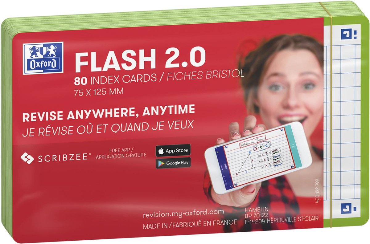 Oxford flash 2.0 - flashcards - geruit 5mm - a7 - groene rand - 80 stuks
