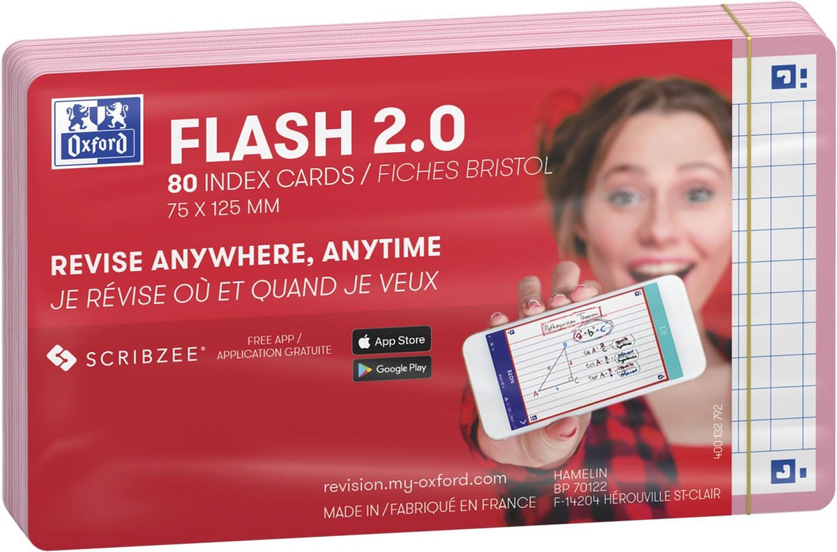 Oxford flash 2.0 - flashcard - quadretti 5 mm - a7 - bordo rosa - 80 pezzi