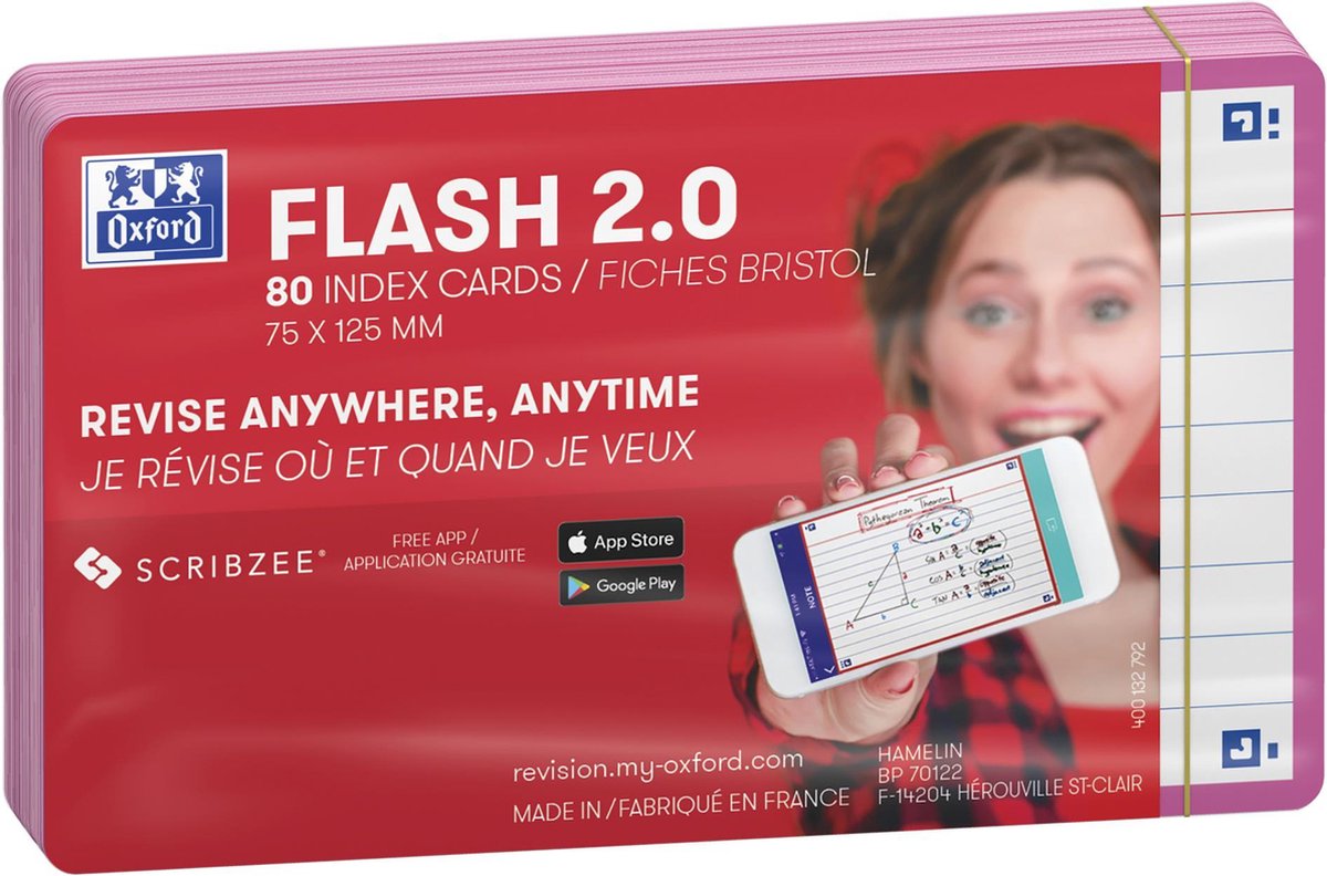 Oxford flash 2.0 - flashcard - a righe - a7 - bordo fucsia - 80 pezzi