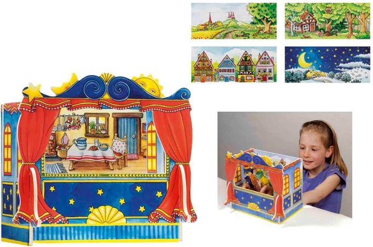 Teatro de marionetas Goki - marionetas de dedo - con 5 decoraciones intercambiables - 28x20x25cm - madera