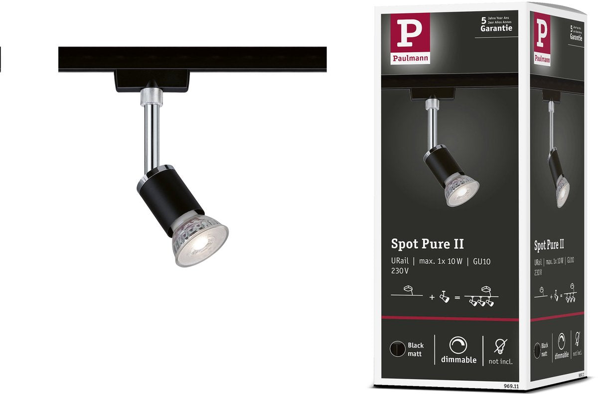 Paulmann urail railspot pure ii losse spot gu10 max. 10w dimbaar 230v zwart mat