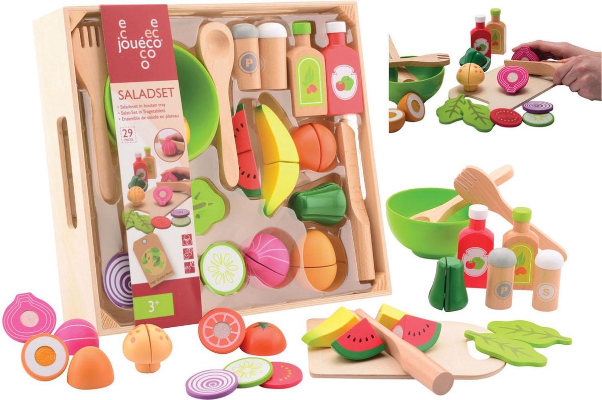 Set insalata Jouéco - cibo e bevande giocattolo in vassoio di legno