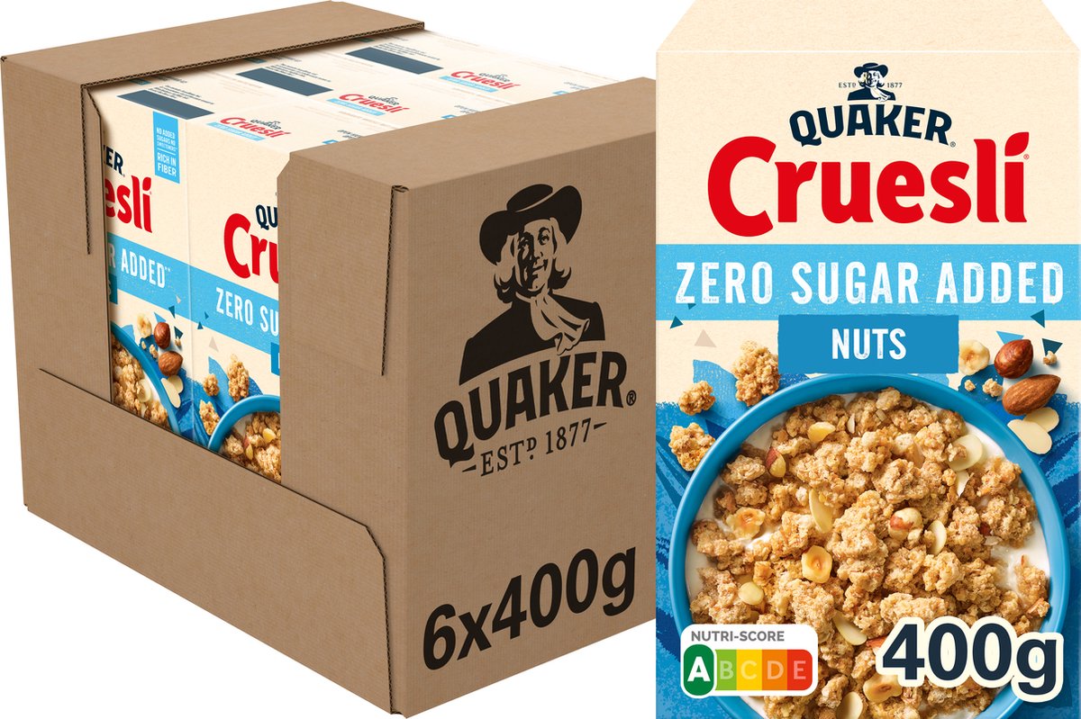 Quaker cruesli zero sugar added noten - ontbijtgranen - 6 x 400 gram