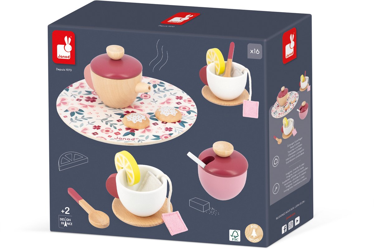 Janod - twist - set da tè - Servizio da tè da 16 pezzi in legno e feltro