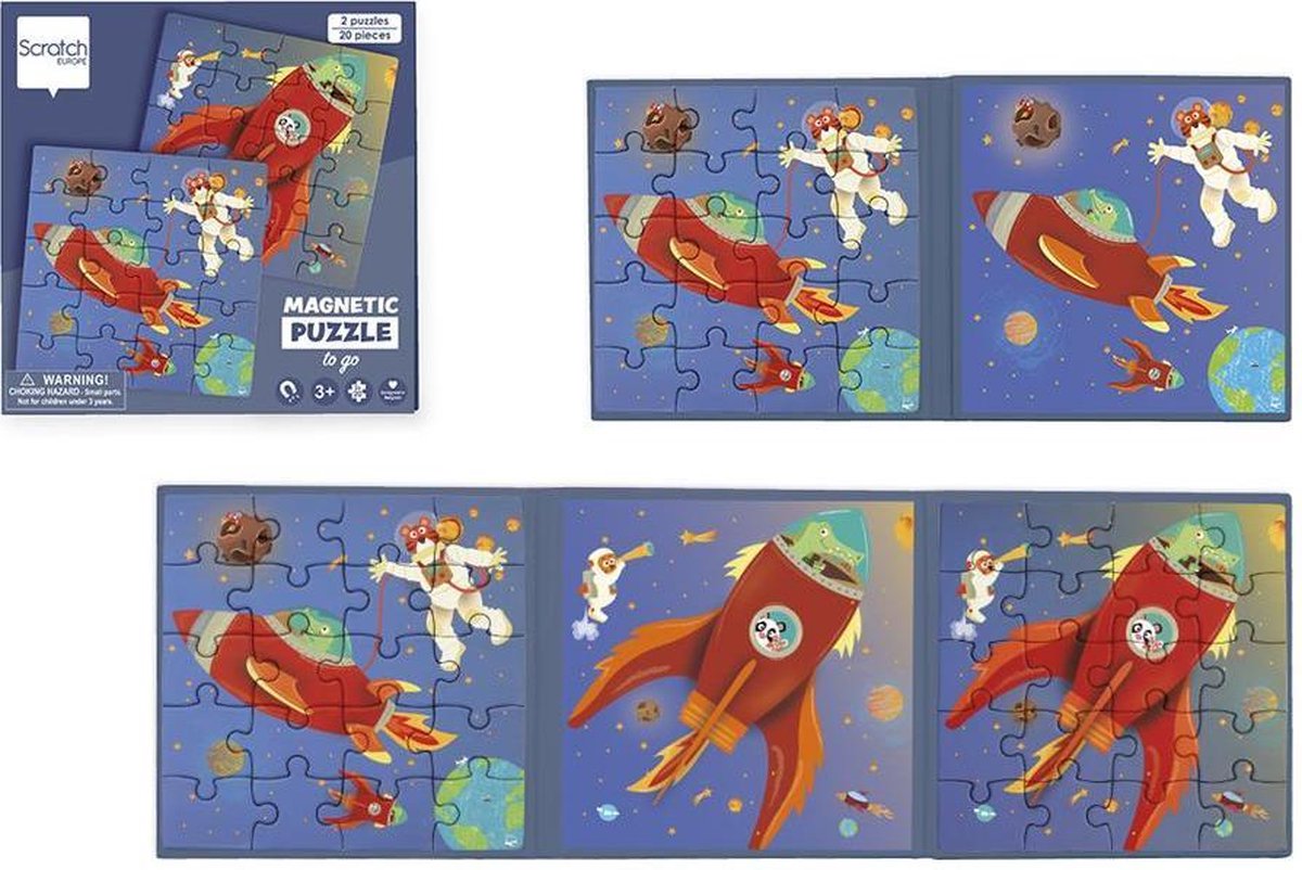 Scratch puzzle magnético: libro de rompecabezas magnético para llevar - espacio 18x18x1,5cm (cerrado), 54x18x0,5cm (abierto), con 2 rompecabezas magnéticos de 20 piezas, 3+