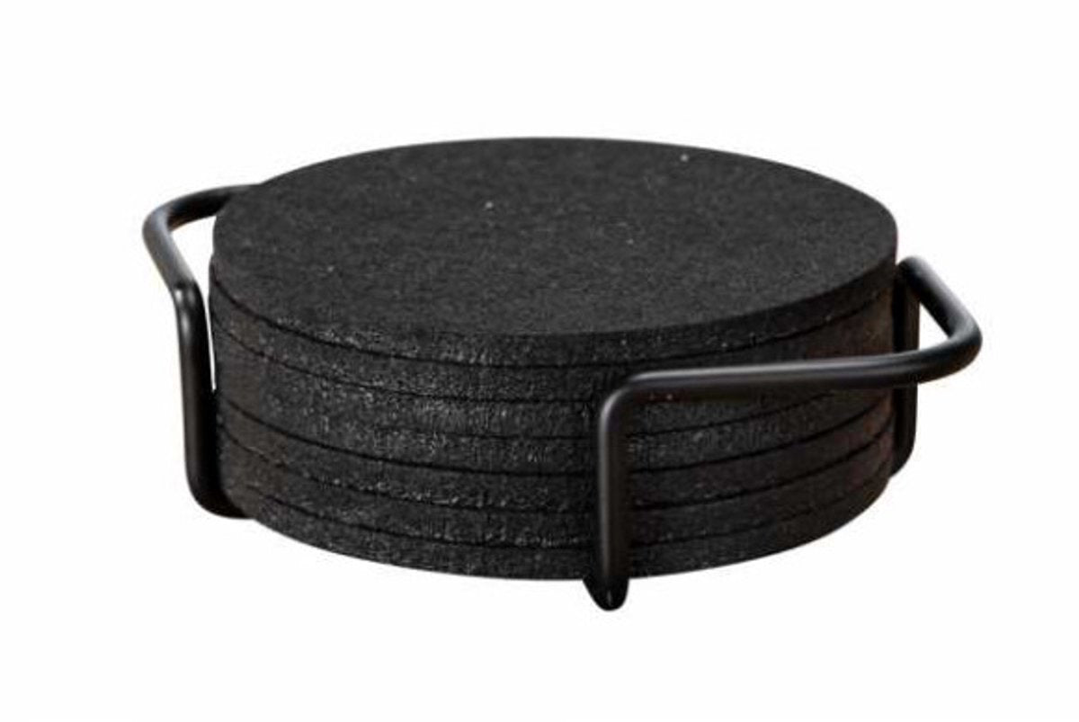 Sottobicchieri in feltro Wenko con supporto, 8 pezzi, nero, 14x10 cm - sottobicchieri per bicchieri - set sottobicchieri neri - design sottobicchieri rotondi - sottobicchieri