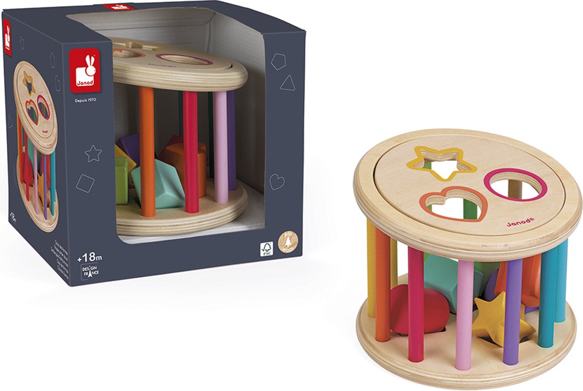 Janod - i wood - cuestionario de formas - clasificador de formas de madera con 6 bloques