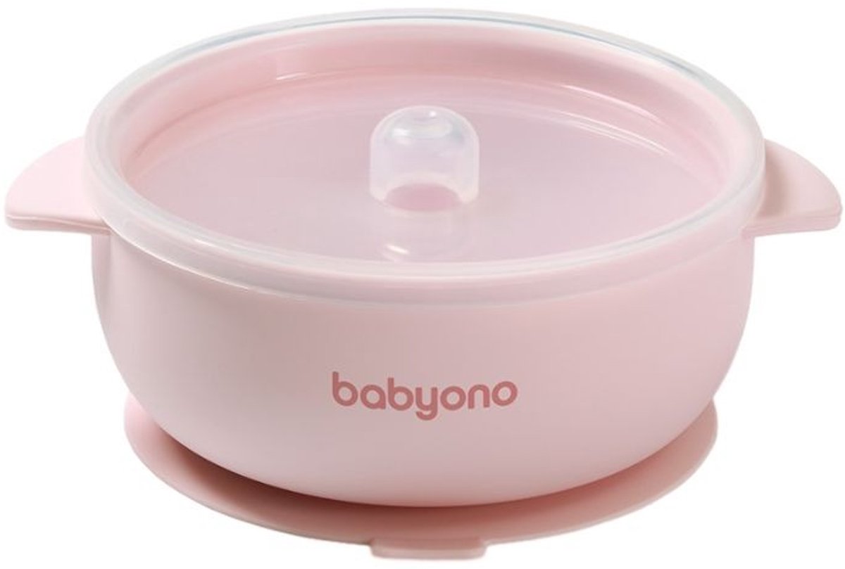 Babyono Ciotola baby ono in silicone rosa con coperchio a ventosa