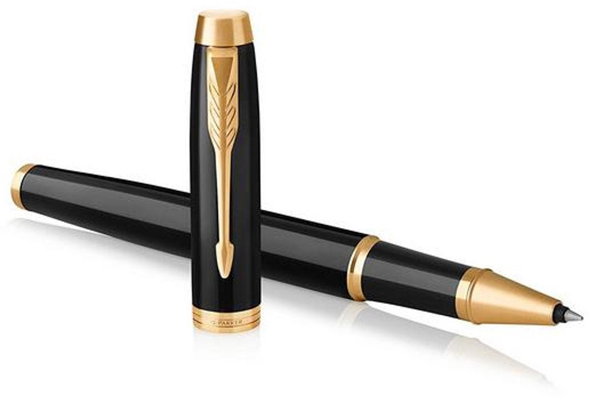 Parker soy bolígrafo roller | lacado negro con acabado dorado | punta fina | tinta negra | embalaje de regalo