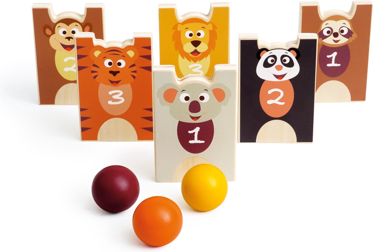 Gioco di gratta e impila e birilli - animali selvatici - con 6 animali e 3 palline - 3 anni