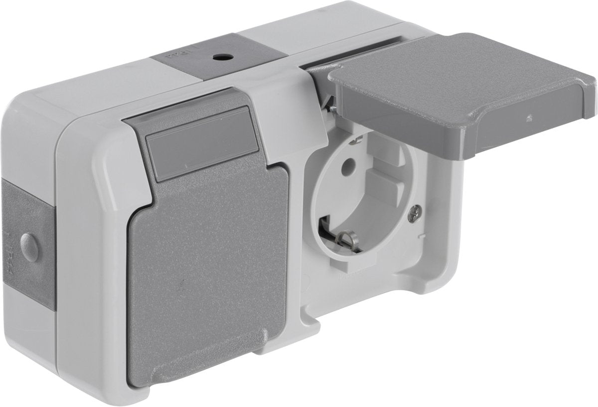 Toma Schneider electric merten aquastar - a prueba de salpicaduras - de superficie - 2 vías - puesta a tierra - horizontal - ip44 - gris
