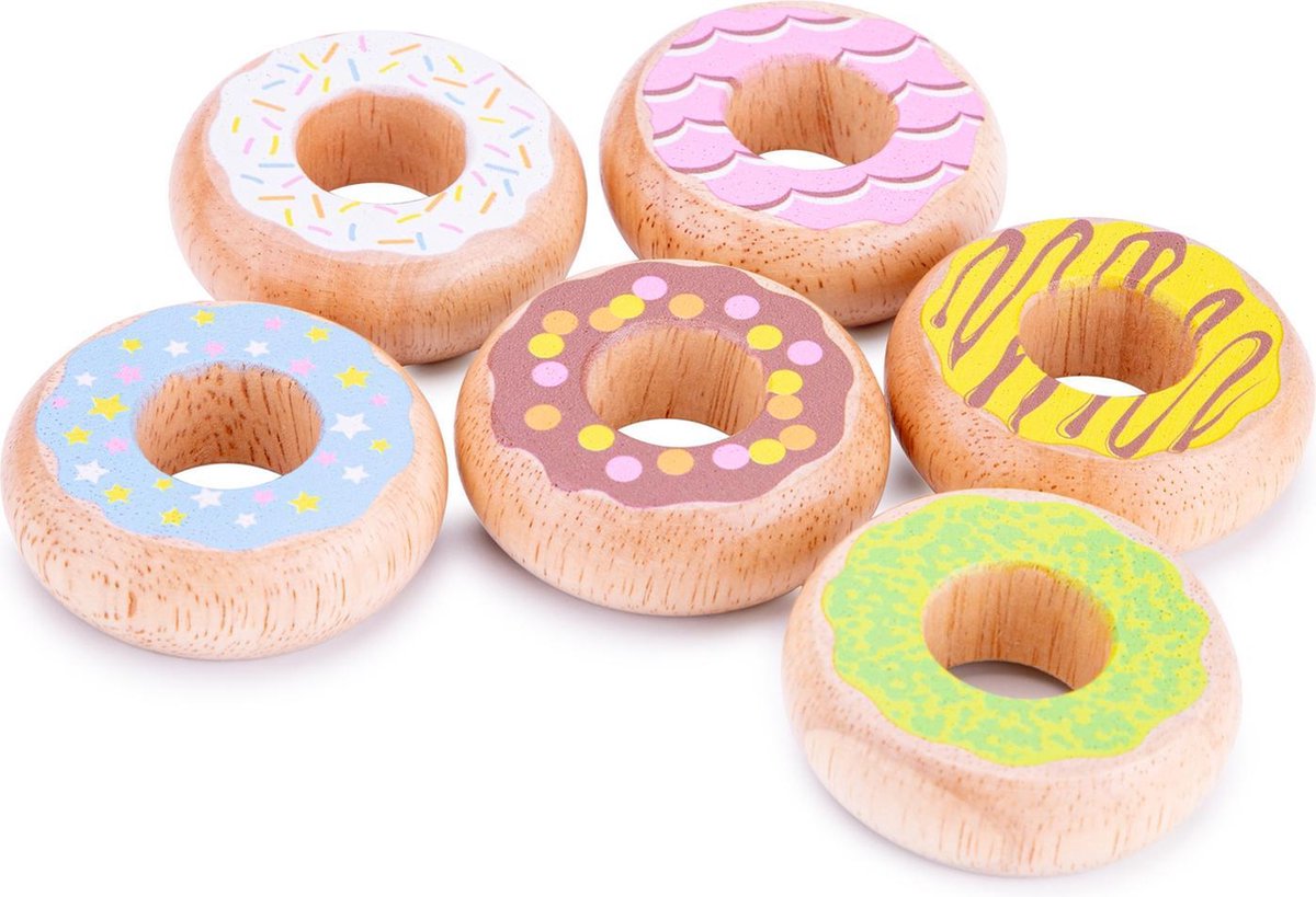 Woet ® wooden toy donut set - 6 colorful donuts made of beech wood - toy food for children - role play kitchen toys - from 2 years