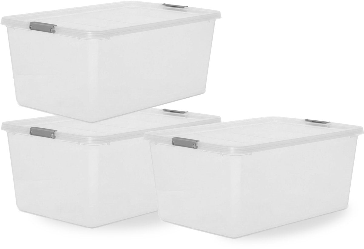Caja de almacenamiento Iris con clips - 40 l - extra espaciosa - apilable - plástico - gris transparente - juego de 3