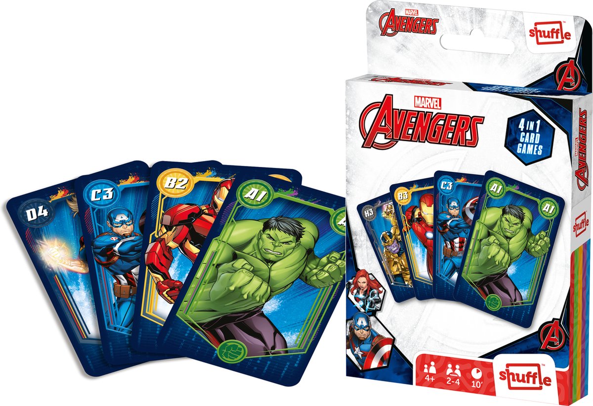 Shuffle marvel avengers - 4-in-1 kaartspellen (kwartet, memo, snap, actiespel)