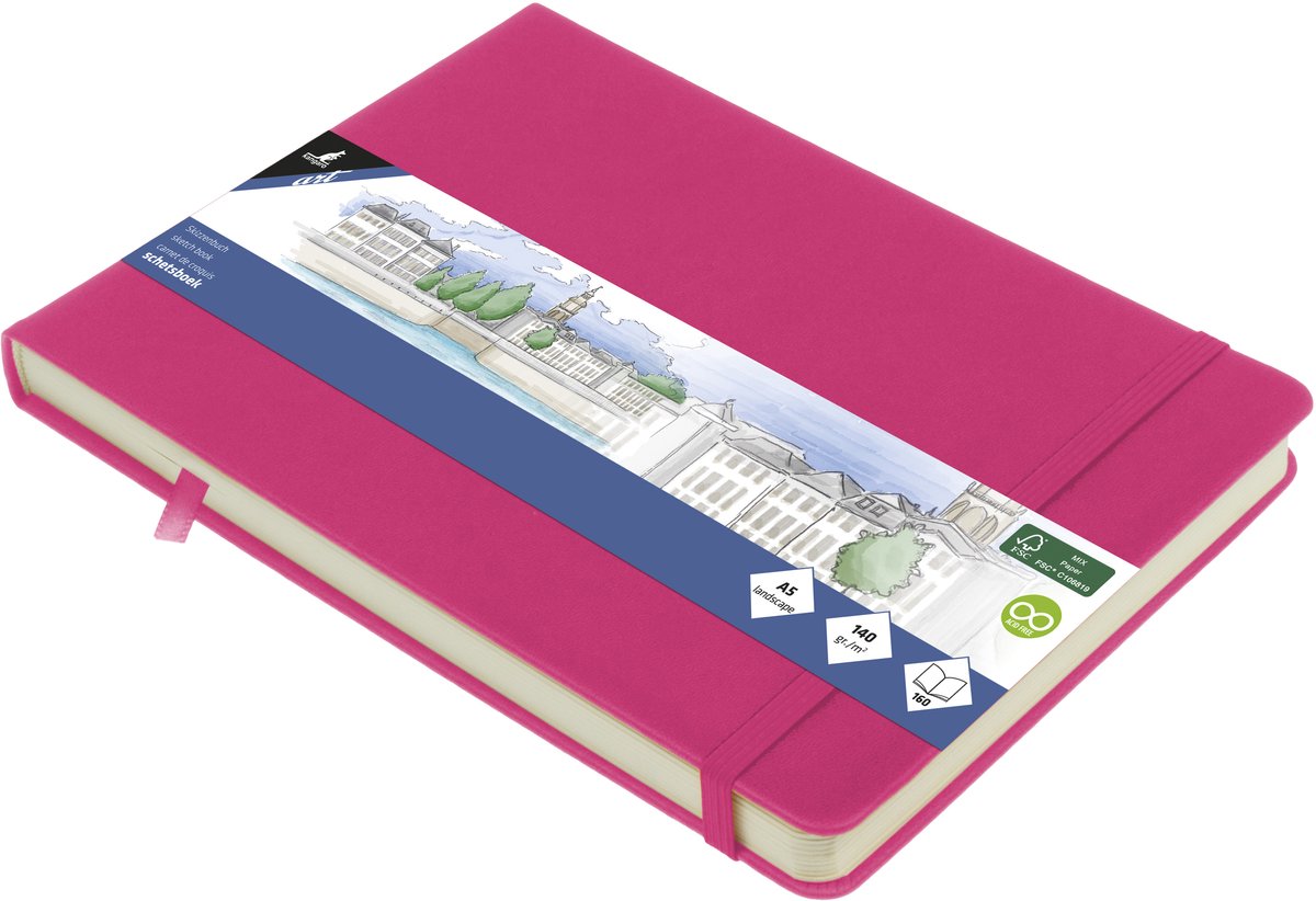 Kangaro schetsboek - a5 landscape - hot pink - met elastiek en lint