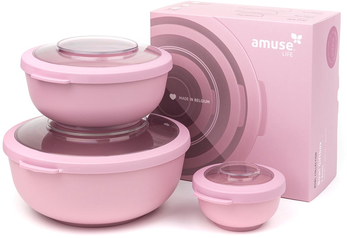 Amuse lunchbox - set van 3 - tritan deksel - stapelbaar - vaatwasser- en magnetronbestendig - roze - 200 + 1000 + 2000 ml