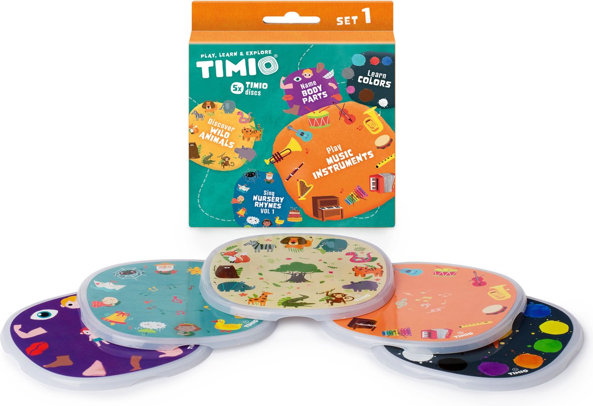 Timio disk set # 1: 5 audio discs for the player | learn colors, wild animals, musical instruments, 96 children's songs vol. 1, body parts | everything in 8 languages | learning toys from 2 - 6 years