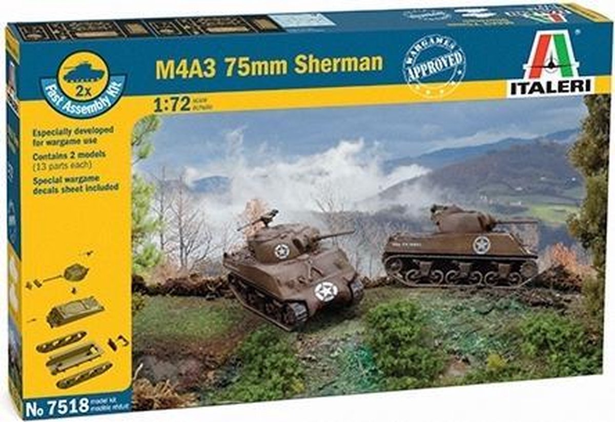 Italeri model kit veicoli militari - carro armato sherman 7518 m4a3 75mm - 2 kit di montaggio rapido in plastica - 1:72 - modellismo