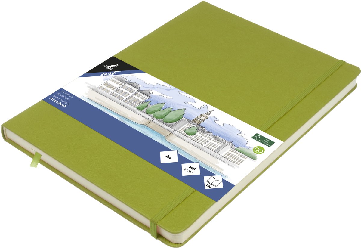 Kangaro schetsboek a4 - lime green - hardcover kaft - met elastiek en lint