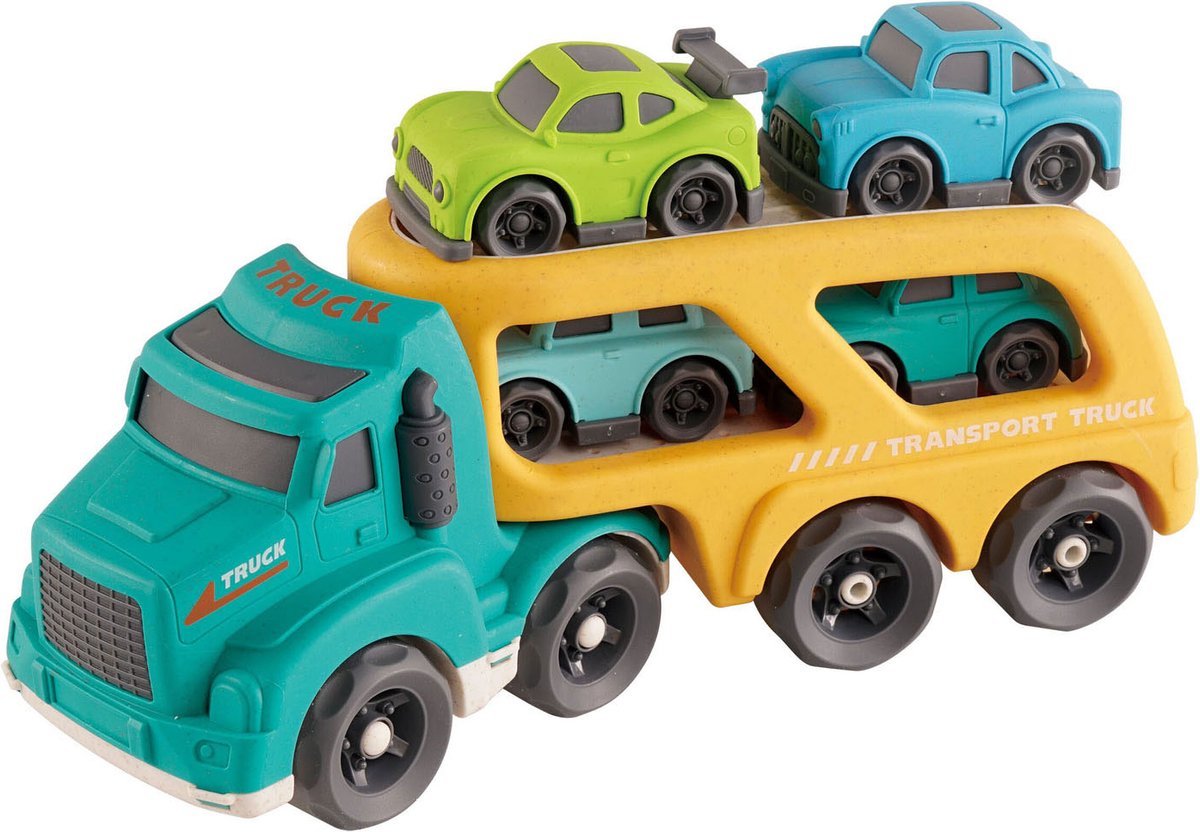 Camion trasportatore in bioplastica con 4 auto