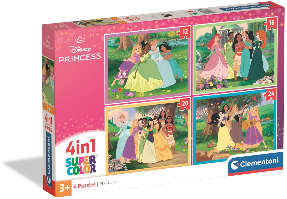 Clementoni - kinderpuzzel 4 in 1 - principessa disney - 12, 16, 20 e 24 pezzi - puzzle di 3 anni