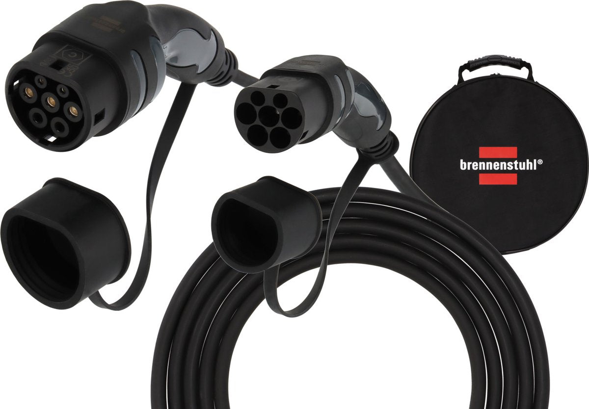 Cable de carga Brennerstuhl ev tipo 2 11kw (cable de carga e-mobility tipo 2 7m, ip55, trifásico, modo 3 cable de carga con bolsa para vehículos híbridos eléctricos)