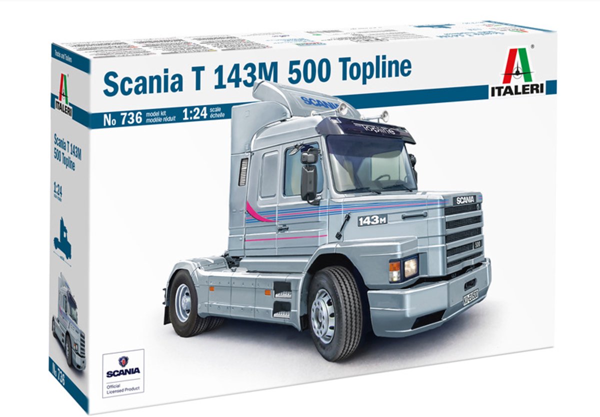 Italeri model kit car - 0736 scania t143m 500 torpedo topline 4x2 - camion in plastica - 1:24 - modellismo